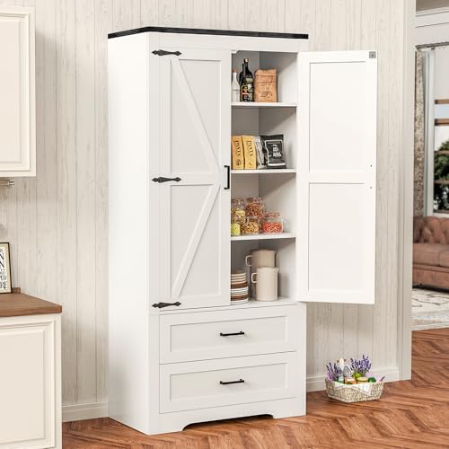 Quimoo 71" Tall Pantry Cabinet with 2 Drawers & Adjustable Shelf, Kitchen Pantry Cabinet with Barn Doors, Storage Cabinet, Kitchen Cabinet for Kitchen, Home Office, Bathroom, White - WoodArtSupply