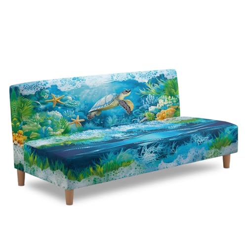 Txsniver Armless Sofa Slipcover Polyester Spandex Stretch Futon Cover, Dustproof Elastic Couch Cover Furniture Protector Machine Washable for Home, Dorm, Living, Turtle Print Txsniver