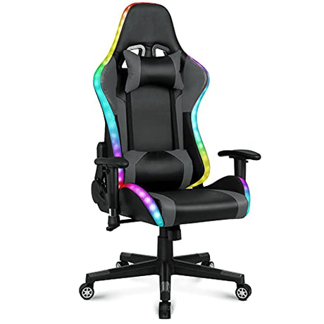 Gaming Chair with Speakers Video Game Chair with RGB LED Lights Ergonomic Racing Office Chair PU Leather Recliner Computer Chair Swivel E-Sports Chair with Lumbar Support Headrest Armrest, Black YOUTHUP