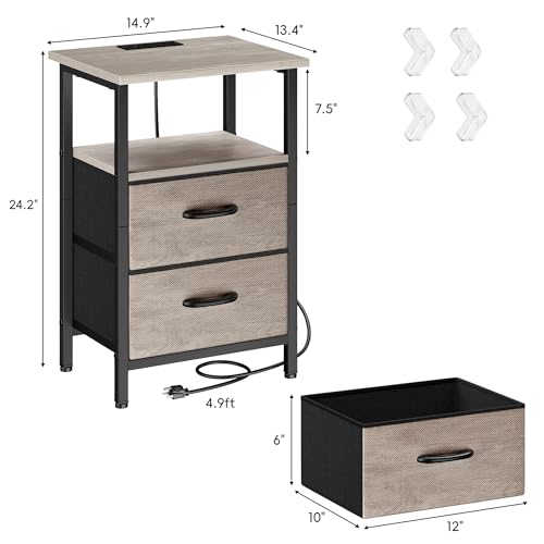 Vagusicc Night Stand Set 2, LED Nightstand with Charging Station, Bedside Table with USB Ports & Outlets, 24.2" Tall End Table with open Shelf, Bed Side Table with 2 Fabric Drawers for Bedroom, Greige Vagusicc