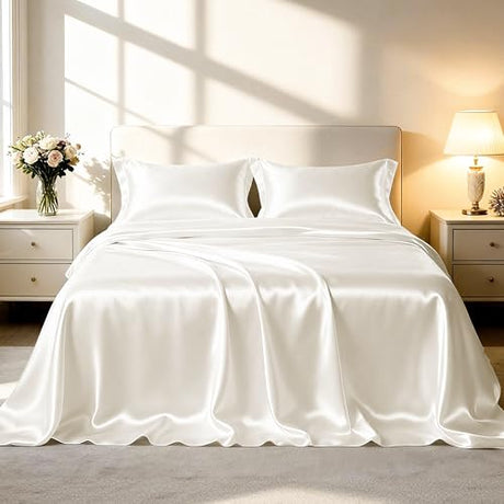 Love's cabin Full Size Satin Sheet Sets - 4 Piece Ivory Silky Sheet Set Full with Deep Pocket, Luxury Silk Feel Bed Sheets Full Bedding Set (1 Flat Sheet,1 Fitted Sheet,2 Pillow Cases) Love's cabin