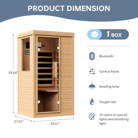 SunSwell Wood Infrared Sauna, 1 Person Traditional Red Light Sauna, Canadian Hemlock Indoor Dry Sauna Spa Room for Low EMF with Bluetooth Speakers and Control Panel, 32.67"x 27.55"x 59.44" SunSwell