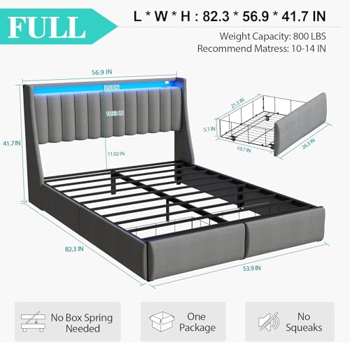 Full Bed Frame with 2 Storage Drawers, Platform Bed Frame Full Size with LED Light, Upholstered Headboard, Charging Station, Steel Slat Support, No Box Spring Needed, Noise-Free, Easy Assembly, Gray Doltoro