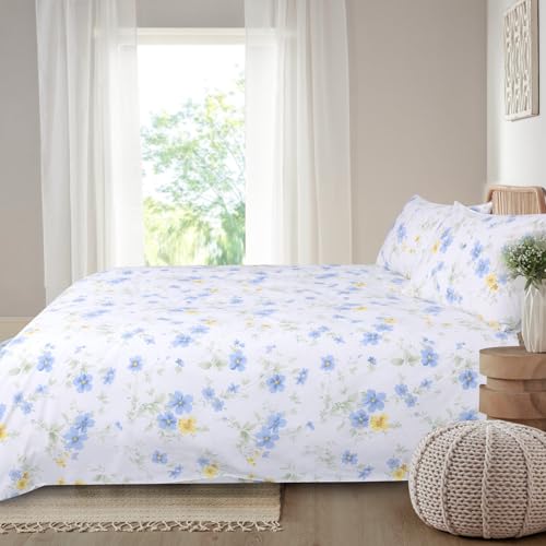 YINFUNG Blue Floral Cotton Duvet Cover Set Full White Yellow Flower Wildflower Cottage Botanical Summer French Country Girls Women Spring All Season Duvet Cover Zipper Aesthetic Bedding Set YINFUNG