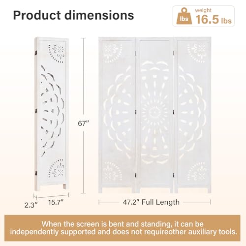 66.9Inch Wooden Room Partition - 3 Panels Boho-Styled Space Room Divider for Home/Office, Headboard & Yoga/Photo/Video Call Backdrop (White) Svimi