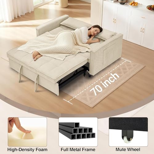 Anwick 3 in 1 Convertible Sofa Bed, Pull Out Couch Bed with Reclining Backrest and 2 Pillows, 54" Full Size Loveseat Sleeper Sofa Futon Couches Bed for Small Spaces, Living Room (Corduroy, Beige) Anwick