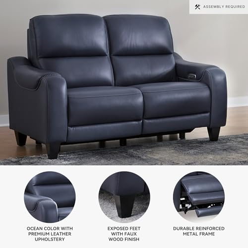 Signature Design by Ashley Mercomatic Contemporary Leather Match Wall Hugger Power Reclining Loveseat with Adjustable Headrest and USB Ports, Blue Signature Design by Ashley