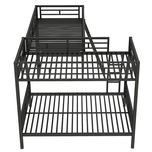 Merax Twin Over Full L-Shaped Bunk Bed with Loft & Desk, Triple Sleeper Metal Bunk Bed with Guardrails for Bedroom, Black Merax
