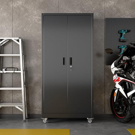 Aobabo Upgraded Garage Storage Cabinets with Wheels,Metal Storage Cabinets with 5 Adjustable Shelves for Garage Home Office Storage, Black,71''H*34''W*18''D,Assembly Required Aobabo