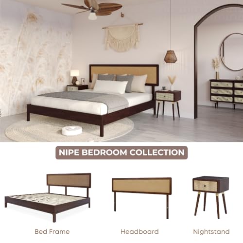 Bme Nipe Solid Wood and Rattan Boho Nightstand with Drawer, Walnut Finish Bme