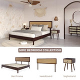 Bme Nipe Solid Wood and Rattan Boho Nightstand with Drawer, Walnut Finish Bme