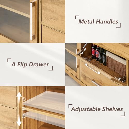 LUXOAK 63'' Modern Wood TV Stand for 70+ Inch TV, Mid Century High Gloss Entertainment Center with Glass Doors & Adjustable Shelf, Console Table with Storage Drawer for Living Room, Yellow Oak LUXOAK