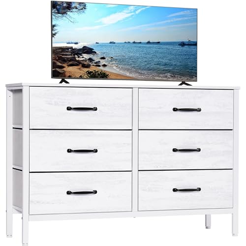 LYNCOHOME White Dresser with 6 Drawers, Wide Dresser for Bedroom and 50" TV, Entertainment Center with Metal Frame, Wooden Top, Fabric Drawers Dresser for Bedroom, Hallway, Entryway, White - WoodArtSupply