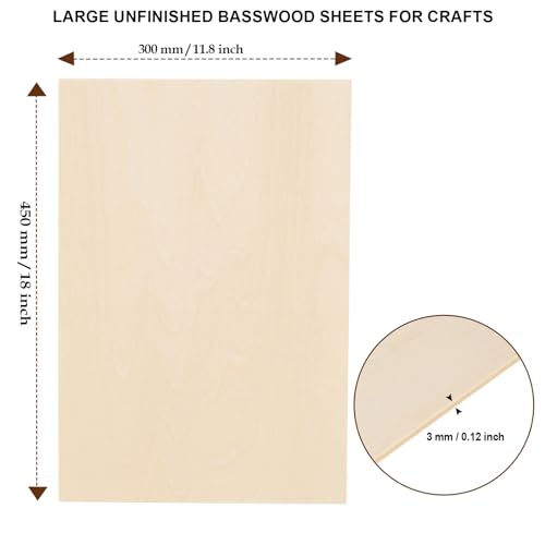 6 Pack Basswood Sheets for Crafts 12"x18"x1/8", 3mm Thick Plywood Sheets Board for Craft, Unfinished Wood Sheet for Laser Cutting & Engraving, Wood Burining, Painting, Staining，Architectural Model PONGJA