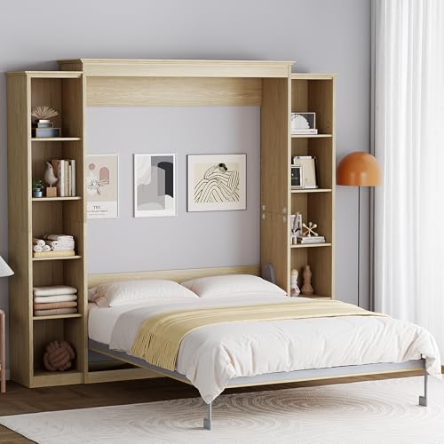 Rophefx Queen Murphy Bed Cabinet with 5-Tier Adjustable Storage Shelves, Wood Queen Wall Bed Cabinet Bed, Space Saving Beds, Hidden Bedframe, Foldable Platform Beds for Guest Room, Natural Wood Color Rophefx