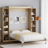 Rophefx Queen Murphy Bed Cabinet with 5-Tier Adjustable Storage Shelves, Wood Queen Wall Bed Cabinet Bed, Space Saving Beds, Hidden Bedframe, Foldable Platform Beds for Guest Room, Natural Wood Color Rophefx
