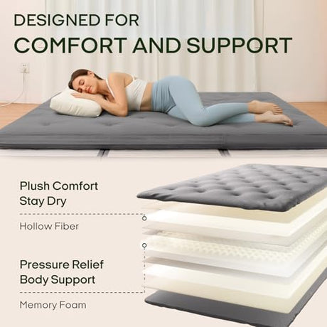 ZonLi Japanese Floor Futon Mattress Full Size 75"x 54", 100% Cotton Cover 2.5'' Thicken Tatami Mattress, Foldable Sleeping Pad, Portable Dormitory Tatami Mat (Grey) ZonLi
