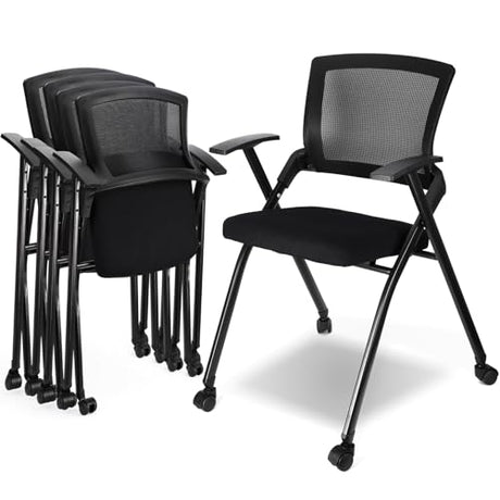 AceOrbit 4 Pcs Foldable Office Chair with PU Wheels Lumbar Support, Armrest, Thick Breathable Mesh Seat Stackable Chair for Office Meeting, Conference, Training Room, Black AceOrbit