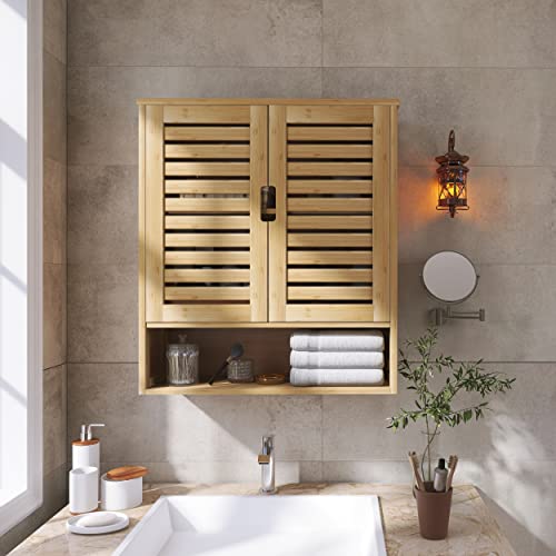SMIBUY Bathroom Cabinet Wall Mounted, Bamboo Over-The-Toilet Storage Organizer, Space Saver Medicine Cabinet with 2 Door and Adjustable Shelves SMIBUY