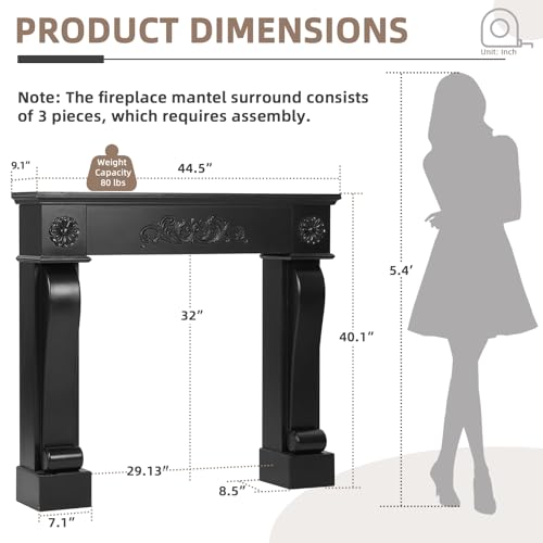 EPICOZY Modern Fireplace Mantel Surround, Decorative Wooden Freestanding Mantel for Electric Fireplace, Waterproof & Anti-Tipping, Premium MDF Mantel with Leg for Living Room, Black EPICOZY