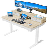 HUANUO 55 x 30 inch Electric Standing Desk with Wood Drawers, Adjustable Height Sit Stand Home Office Desk with Two Tiers, Ergonomic Adjustable Stand up Desk C-Clamp Monitor Mount Compatible, Natural HUANUO