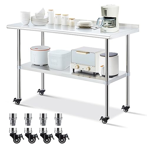 Sapodilla NSF Stainless Steel Worktables with Wheels, 60×24 Inches Commercial Heavy Duty Tables with Backplash and Adjustable Undershelf for Kitchen, Restaurant, Hotel and Garage… - WoodArtSupply