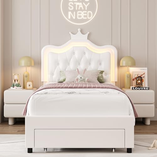 Keyluv Twin Upholstered LED Storage Bed Frame with Adjustable Crystal Crown Headboard in White - WoodArtSupply