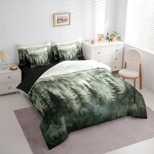 Erosebridal Smoky Mountain Bedding Set Full Nature Forest Green Comforter Set 7 Piece Rustic Woodland Botanical Pine Tree Bed in A Bag for Kids Adults Natural Jungle Plants Sheet Set with Comforter Erosebridal