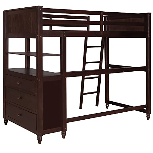 Twin Size Loft Bed with Desk and Drawers, Solid Wood Loft Bed with Storage Shelves for Kids Teens Adults - Espresso - WoodArtSupply