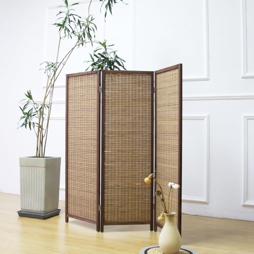 Furnnylane 3 Panel Short Room Divider Screen,Brown Freestanding Partition,Small Bamboo Panel Divider for Room Seperation,3.95 FT Tall Furnnylane