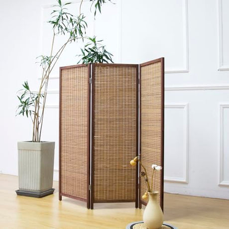 Furnnylane 3 Panel Short Room Divider Screen,Brown Freestanding Partition,Small Bamboo Panel Divider for Room Seperation,3.95 FT Tall Furnnylane