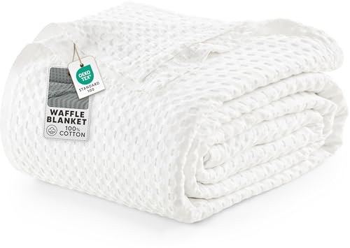 Utopia Bedding White 100% Cotton Waffle Blanket 300 GSM [Queen - 90x90 Inch] Soft Lightweight Breathable Bed Blanket for All Season Utopia Bedding