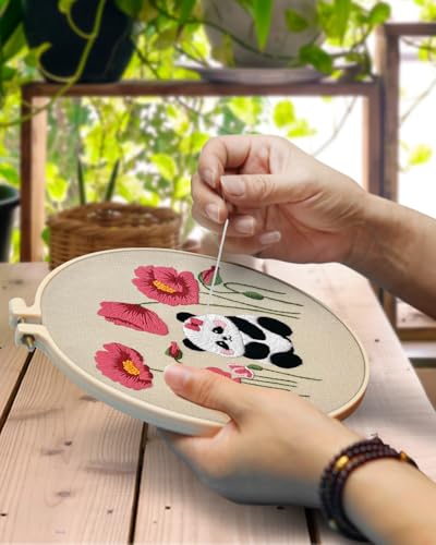 TINDTOP 4 Sets Embroidery Kit for Adult, Panda Embroidery Practice Kits for Beginners Include Embroidery Cloth Hoops Threads for Craft Lover Hand Stitch with Embroidery Skill Techniques TINDTOP