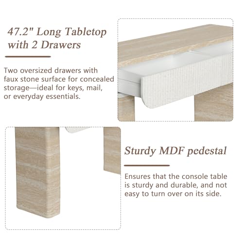 Mcltopz 47.2" Faux Mars Marble Pattern Console Table with 2 Drawers, Skinny Long Sofa Table Behind Couch with Rounded Edges, Wooden Narrow Sofa Table Hall Table for Living Room Foyer Entrance, Marble Mcltopz