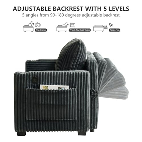 Hommoo Sleeper Sofa Couch with Pull Out Bed Convertible 3 in 1 Futon Lounge Sofa Small Love Seat for Living Room Apartment Comfy Corduroy Reclining Back with Cup Holder and USB Ports 53" Grey Hommoo