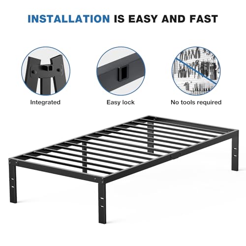 OLIXIS Metal Twin Bed Frame - 14in High with Storage Space, No Box Spring Needed with Sturdy Steel Slat Support, 800LBS Heavy Duty for Easy Assembly, Black for Bedroom OLIXIS