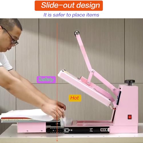 15x15 Heat Press Machine with Slide-Out Platen, T-Shirt Heat Transfer Press for DTF & HTV Vinyl, 110V 1400W Digital Temp/Timer, Dual Support Arms, 0–400°F, Pink WUMSTOT