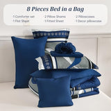 Anibedding Comforter Set King Size,8 Pieces Navy Blue Boho Bed in a Bag Patchwork Striped Comforter Set, Soft Microfiber Bedding Set for All Season(104"×90") Anibedding
