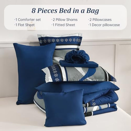 Anibedding Navy Blue Comforter Set Queen Size,8 Pieces Boho Bed in a Bag Patchwork Striped Comforter Set, Soft Microfiber Bedding Set for All Season(90"×90") Anibedding
