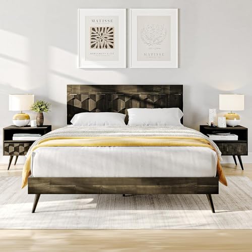 Oliver Queen Size Bed Frame - 15-Inch Mid Century Design with Rattan Headboard, Bohemian Style, No Box Spring Needed, Easy Assembly in Caramel Bme