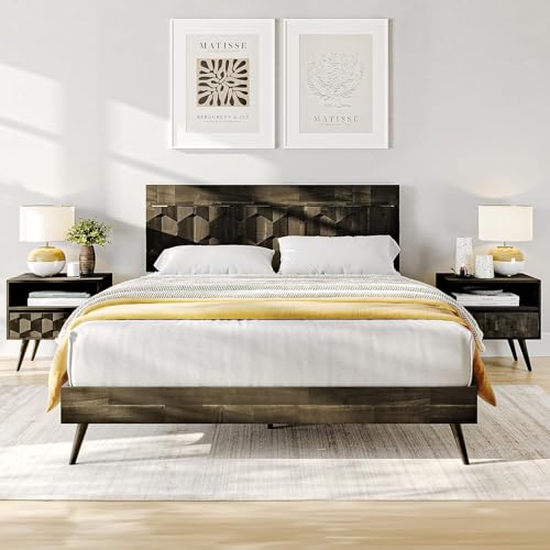 Oliver Queen Size Bed Frame - 15-Inch Mid Century Design with Rattan Headboard, Bohemian Style, No Box Spring Needed, Easy Assembly in Caramel - WoodArtSupply