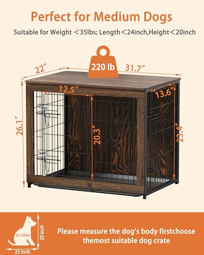 Megidok Wooden Dog Crate Furniture with Cushion,Medium Dog Crate End Table with Tray, Double Doors Kennels Indoor (32" L*22" W*26" H, Rustic Style) Megidok