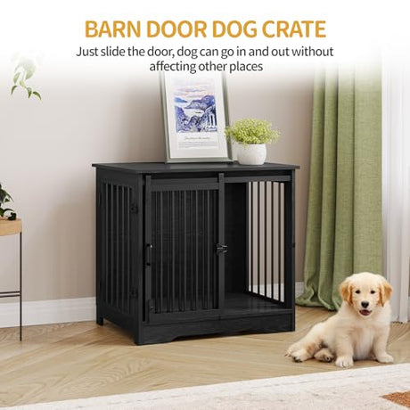 Hzuaneri 27.2" Dog Crate Furniture with Barn Door, Heavy Duty Dog Kennel Indoor with 2 Doors, Wooden Pet Cage End Table for Small Medium Dogs up to 22 lb, Anti-Chew Anti-Escape, Black DFC84304B Hzuaneri