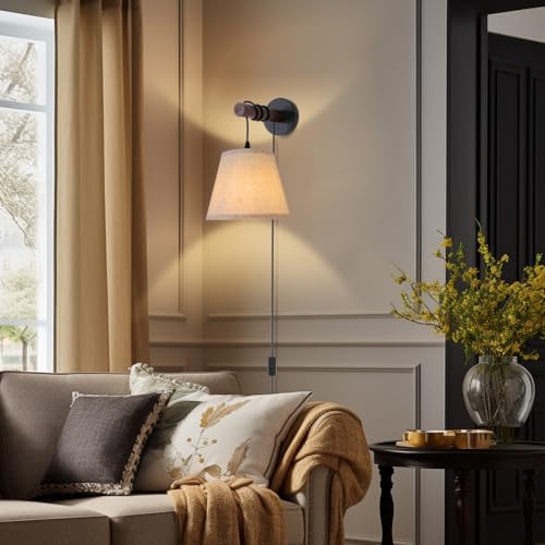 JC TOPA Plug in Wall Sconces, Bedside Wall Lamp with Wood Arm, Fabric Wall Light with On/Off Switch for Bedroom, Living Room, Farmhouse JC TOPA