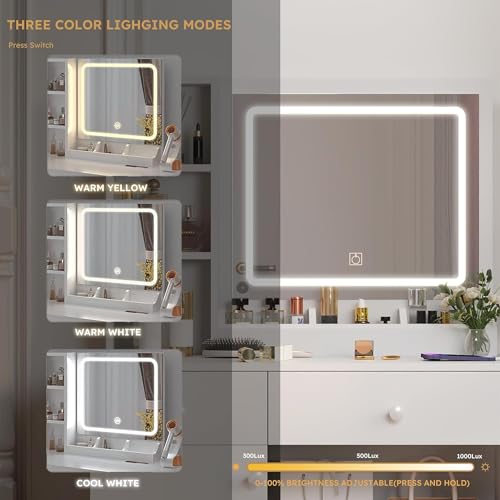 Vanity Set with Mirror and Stool and Lights, with Power Outlet,Dressing Table with Vanity Benches,for Girls Women with Storage Stool,for Bedroom with Chair (White) Wohh