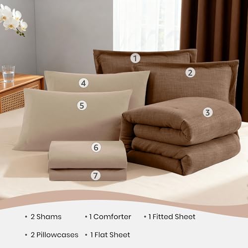 Geniospin King Size Comforter Set - 7 Pieces Brown Comforter King Size, Soft Solid Bedding Set for All Season, Textured Bed in a Bag with Sheets, Pillowcases & Shams Geniospin