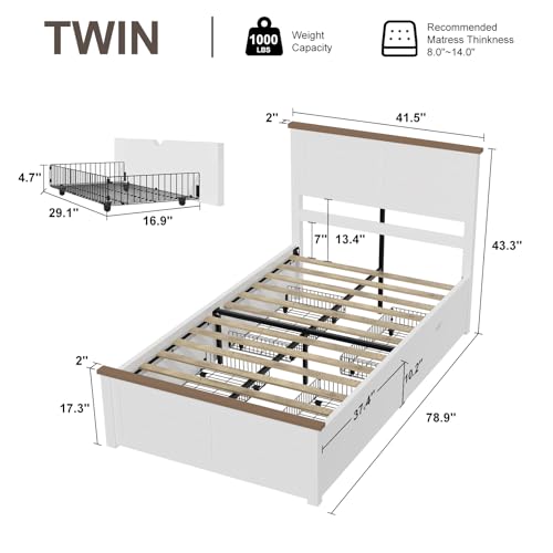 LUXOAK Farmhouse Twin Size Bed Frame with Headboard and 4 Storage Drawers, Solid Wood Barn Door Platform Bed with Wood Slats, Heavy Duty Mattress Foundation, Non-Slip & Noise-Free, Antique White