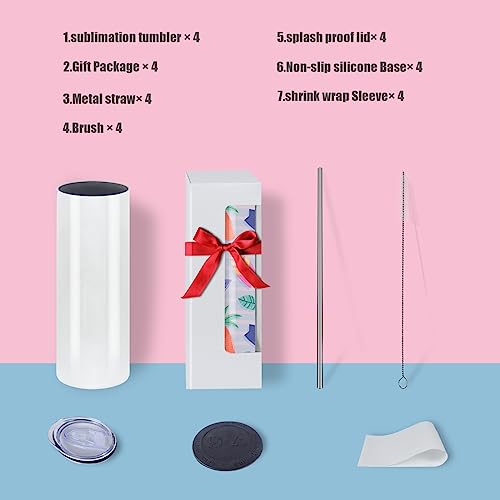 MICLAXYS 4 Pack Sublimation Tumblers 20 Oz Skinny Straight, Stainless Steel Sublimation Tumblers Blank, Individually Gift Boxed, Insulated Tumbler Sublimation (4) MICLAXYS