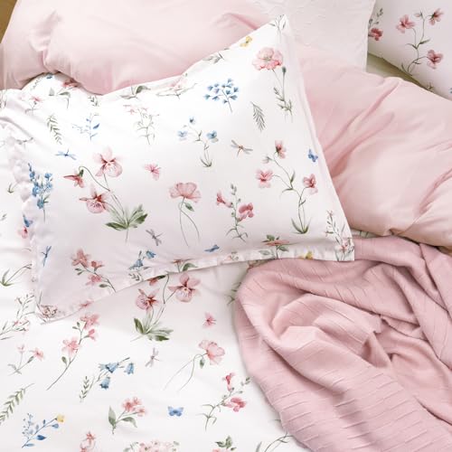 PHF Ultra Soft Floral Duvet Cover Queen Size, Printed Bedding Set 3 Pieces, Comfy Durable Farmhouse Duvet Cover Set with 2 Pillow Shams, Zipper Closure and 8 Ties, 90"x90", White & Pink PHF