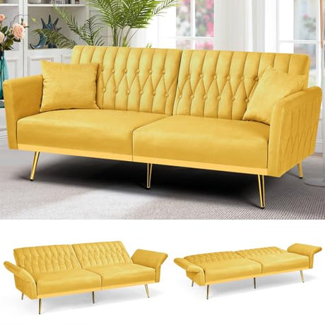 ACMEASE 70” Velvet Futon Sofa Bed w/Adjustable Armrests & 2 Pillows, Convertible Futon Couch w/Adjustable Backrests, Modern Sleeper Bed for Living Room, Bedroom, Yellow ACMEASE